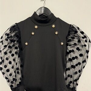 SHEIN Black Puff Sleeve Polka Dot Bodysuit with Pearl Buttons